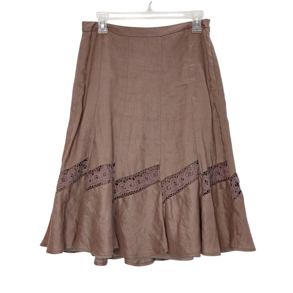 Banana Republic Pure Linen A-Line Midi Skirt Crochet Lace Trim Brown Womens Sz 4